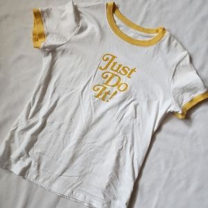Nike Ringer Tee, Just Do It velvet letters, white & yellow, size small women's